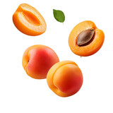 Fresh falling Apricot, isolated with dropped on white background