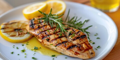 Canvas Print - Grilled Chicken Served with Butter Lemon and Garlic on a White Plate