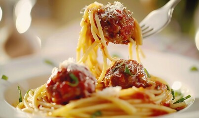 Wall Mural - Serving spaghetti with tomato sauce on the plate makes it look delicious and attractive Generate AI