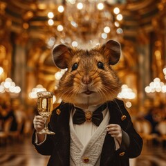 Canvas Print - A dressed-up hamster enjoys a glass of bubbly. AI.