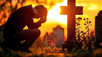 Wall Mural - A silhouette of a person praying at a grave. AI.