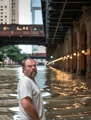 Poster - A man looks down a flooded street in a city. AI.