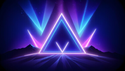 Wall Mural - Neon triangles in a dark background with glowing blue and pink lights 17