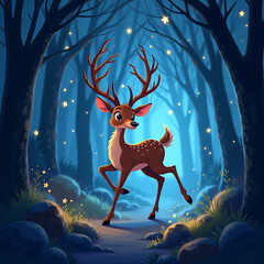 Wall Mural - Cartoon Enchanted Deer Prancing Elegantly Through a Twilight Forest Filled with Magical Glows and Mystical Creatures.