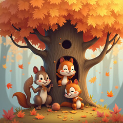 Wall Mural - Cartoon Playful Squirrels Having Fun in a Treehouse Surrounded by Brilliant Autumn Colors and Falling Leaves.