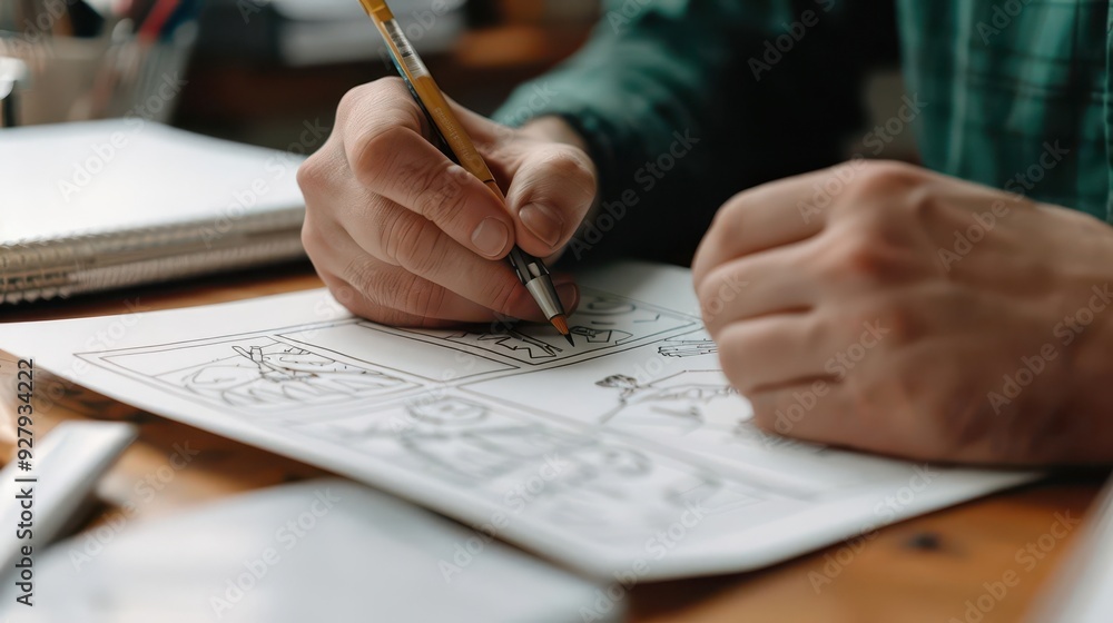 Handed illustrator drawing a comic strip in a studio, Left Handers Day ...