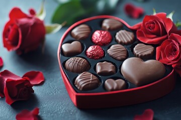 Luxury valentine s chocolates and roses in heart shaped gift box with copy space, romantic theme