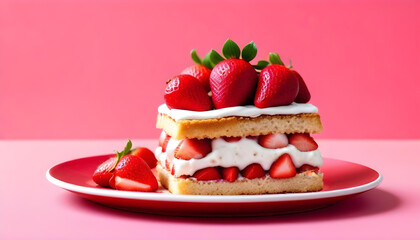 Wall Mural - strawberry shortcake on a red plate with fresh strawberries on top and a pink background 10