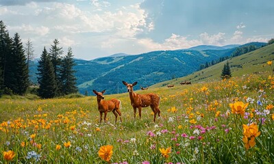 Wall Mural - a couple of deer standing on top of a lush green field