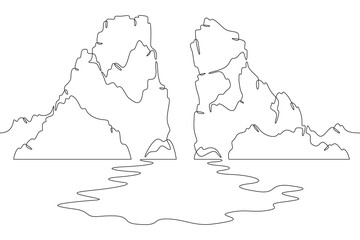 Wall Mural - Continuous one line drawing rocky mountains near the lake. Mountain landscape. Mountain lake. Rocks in the water.One continuous line isolated minimal illustration.