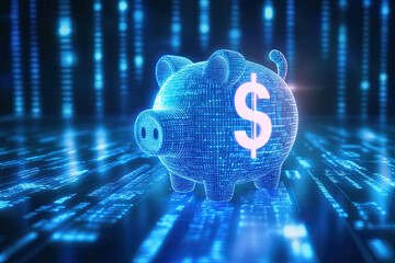 AI in financial management systems: budgeting apps, investment platforms, and personalized savings strategies, featuring a digital blue piggy bank with a dollar 
