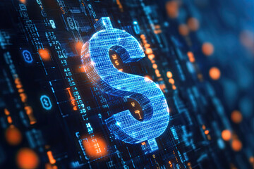AI in financial management platforms: investment recommendation algorithms, budgeting tools, and personalized wealth management strategies, with a digital blue dollar 