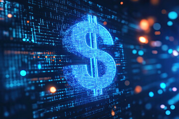 AI in financial management platforms: investment recommendation algorithms, budgeting tools, and personalized wealth management strategies, with a digital blue dollar 