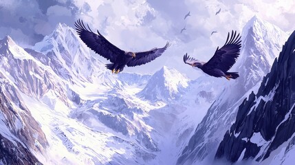 Sticker - Majestic Eagles Soaring Above Snowy Mountains.