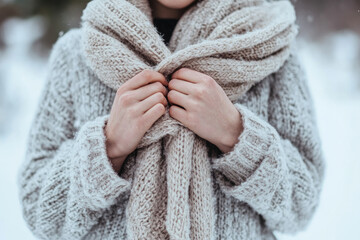 Person Bundled in Cozy Knit Sweater and Scarf in a Wintery Outdoor Setting