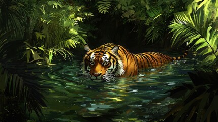 Wall Mural - Tiger Lurking in Jungle Water.