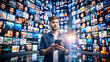 © Iuliia - Portrait of Caucasian Man Using Smartphone in Metaverse with Animated Interfaces for Social Media, e-Commerce, Internet Influencers, and Games