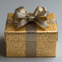 Poster - Elegant golden gift box with ribbon on a minimalist light background