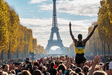 Marathon winner celebrated in paris with eiffel tower backdrop and cheering crowd