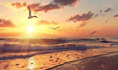 Wall Mural - summer beach scene with waves and beautiful sun sky view Generate AI