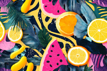 Wall Mural - Colorful tropical fruit pattern with slices of watermelon, orange, and lemon alongside palm leaves, set against a vibrant background. Perfect for summer-themed designs.