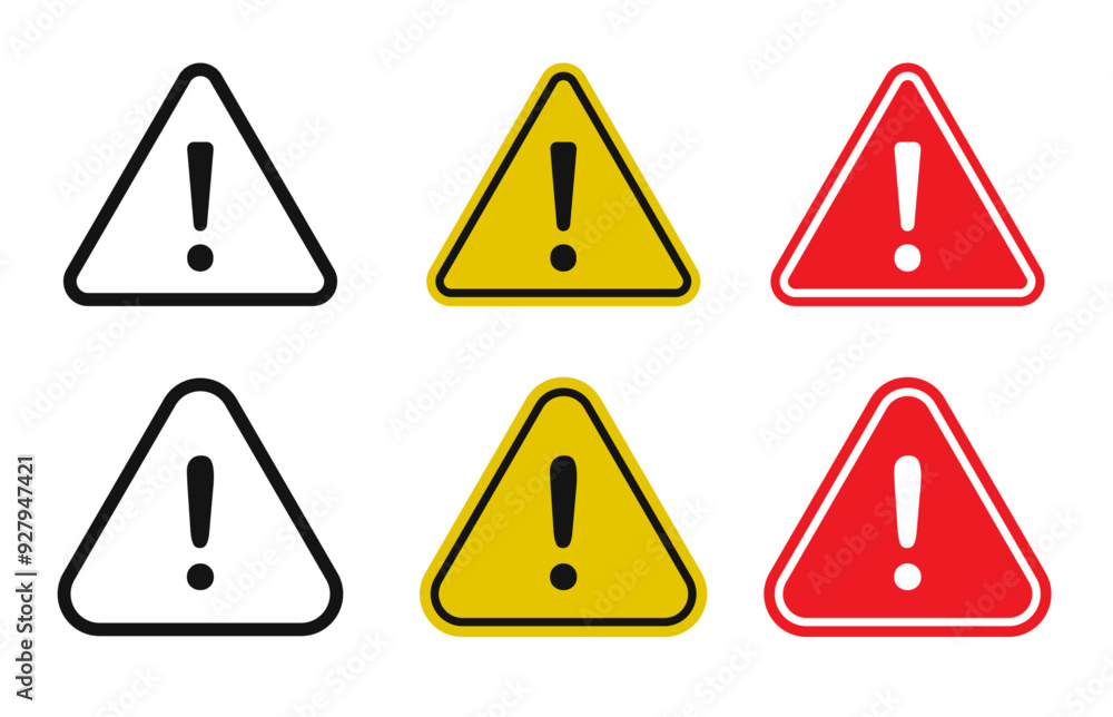 Danger warning icon set. Alert triangle warn sign in black, yellow, and ...