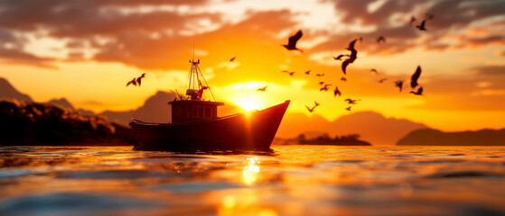 Wall Mural - A serene sunset over a tranquil sea, with a fishing boat silhouetted against vibrant hues and birds in flight.