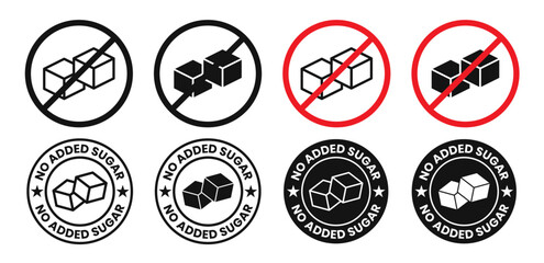 Sugar-free vector icon set in black and red colors. No added sugar vector symbol. Zero sugar sign featuring sugar cube illustration.