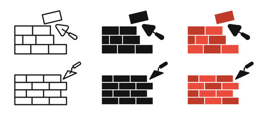 Brickwork icon set. House wall foundation bricklayer vector symbol with trowel sign in black and colored style
