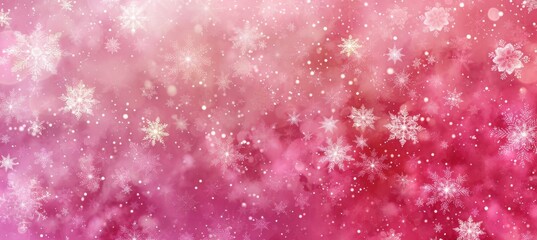 Wall Mural - Festive pink Christmas background with bokeh lights, falling snow, and sparkling stars.