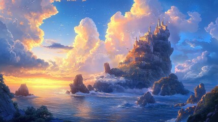 Poster - Fantasy Castle on Clifftop Island at Sunset.