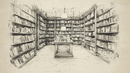 Poster - Sketch of a Book-Filled Room.