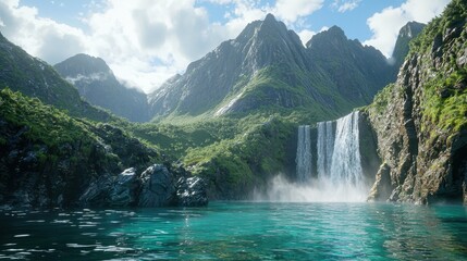 Poster - Majestic Waterfall in a Mountain Valley.