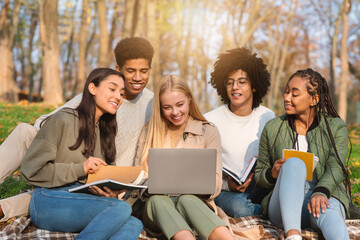 Multiracial teenagers making group project for school at park, using laptop