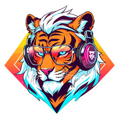 Poster - A tiger wearing glasses and headphones with a blue eye