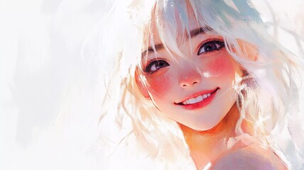 A beautiful illustration of a happy girl smiling under a bright, sunny sky.  Perfect for themes of joy, positivity, and happiness.