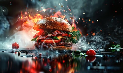 Wall Mural - Fast food burger that feature layer of bread with topping make them even more delicious Generate AI