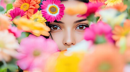 A woman's eye peeking out from behind a bouquet of pink and yellow flowers, with a soft focus background.