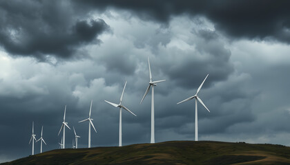 An array of wind turbines stand on a hilltop, highlighted against a dark and stormy sky, symbolizing technological advancement and sustainable energy creation isolated with white highlights, png