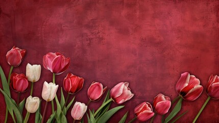 Poster - Romantic greeting card with red and pink tulips on a crimson backdrop