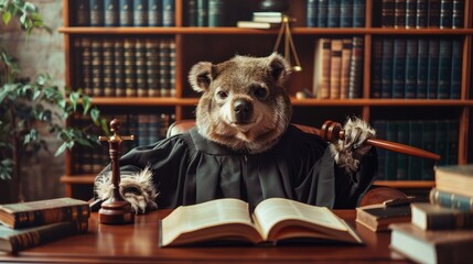 An animal dressed as a judge sits in an office. There is a hammer and a book on the table.