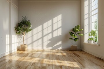 Wall Mural - A large room with a white wall and two potted plants