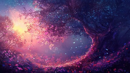 Sticker - Magical Forest with Glowing Tree and Butterflies.