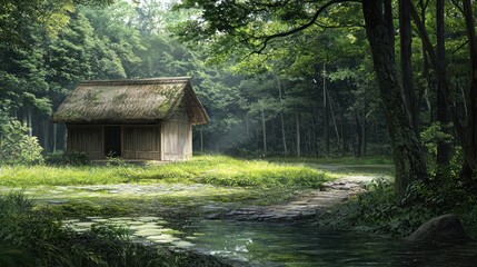 Wall Mural - Tranquil Forest Cabin by a Stream.