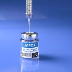 Wall Mural - A vial of vaccine against Mpox and a syringe stuck into it. The word vaccination in English, Spanish, French and German on the label