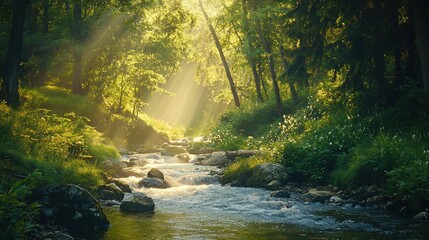 Poster - Sunbeams Through Forest Creek.