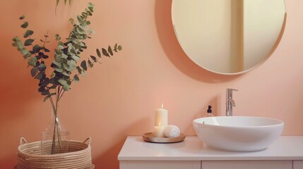 Poster - A serene bathroom space featuring an elegant bowl sink and stylish decor. Soft peach walls create a calming atmosphere. Ideal for design inspiration and relaxation. AI