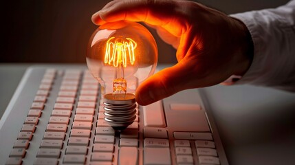 Close-up of hands typing on a laptop keyboard with a colorful backlit effect in the dark.
