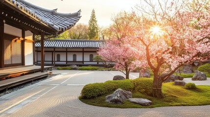 Canvas Print - Japanese Zen Garden with Cherry Blossoms and Sunbeams.