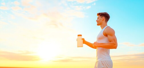 A fit man enjoying a refreshing drink at sunrise, embodying health and wellness against a vibrant, colorful sky.